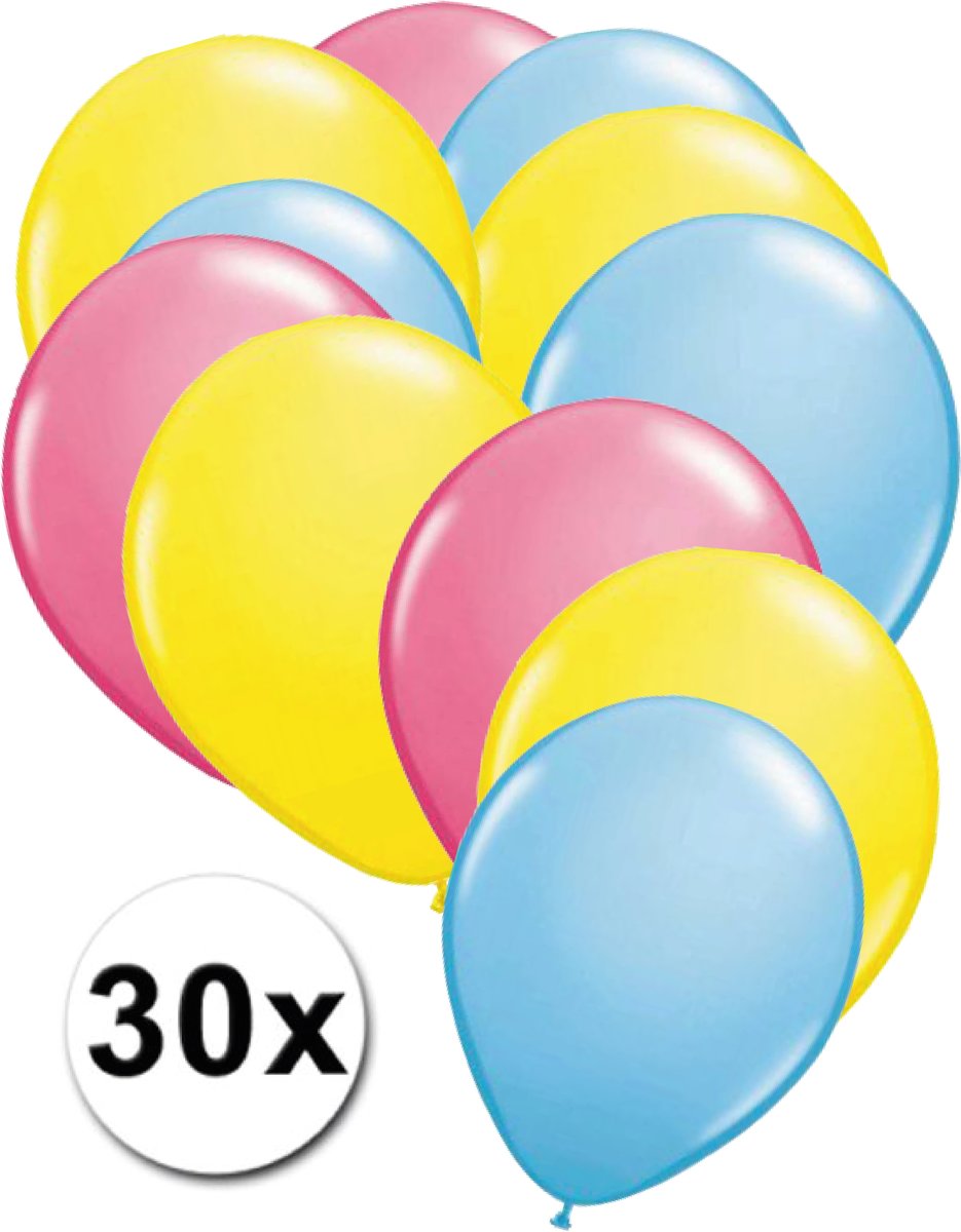 Ballonnen Roze, Geel & Licht blauw 30 stuks 27 cm